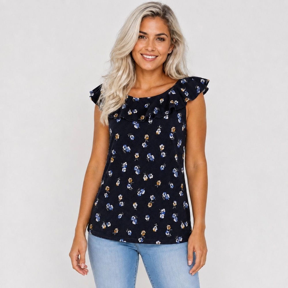Ann Taylor Navy Floral Ruffle Neck Sleeveless Stretch Top Blouse
